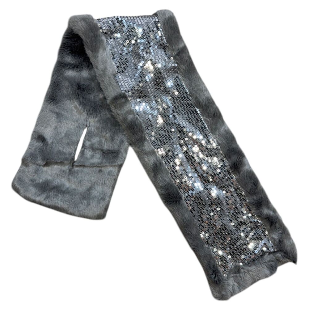 Candie's Scarf Women's Gray Faux Fur Sparkling Sequin Neck Warmer - One Size
